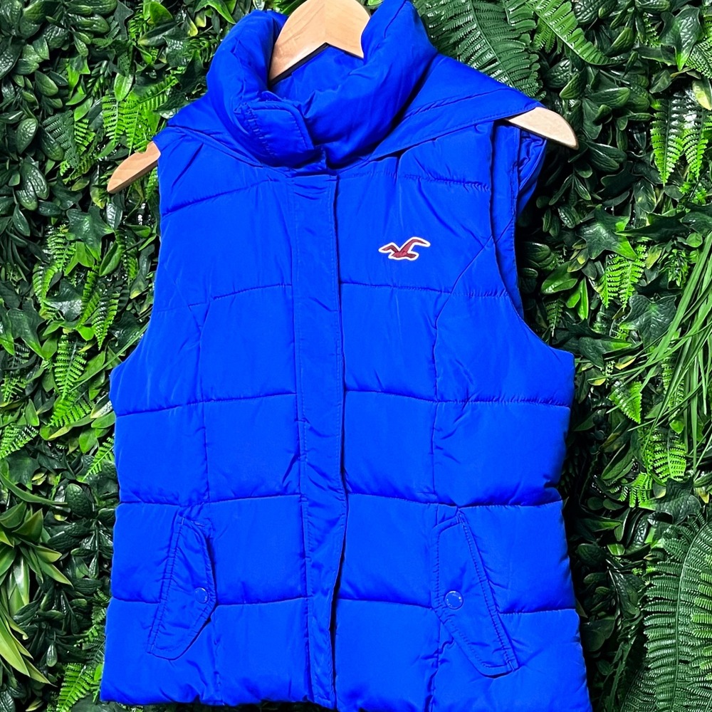 Hollister Kids Puffer Vest Size L Royal‎ Blue Hooded Logo 3297
